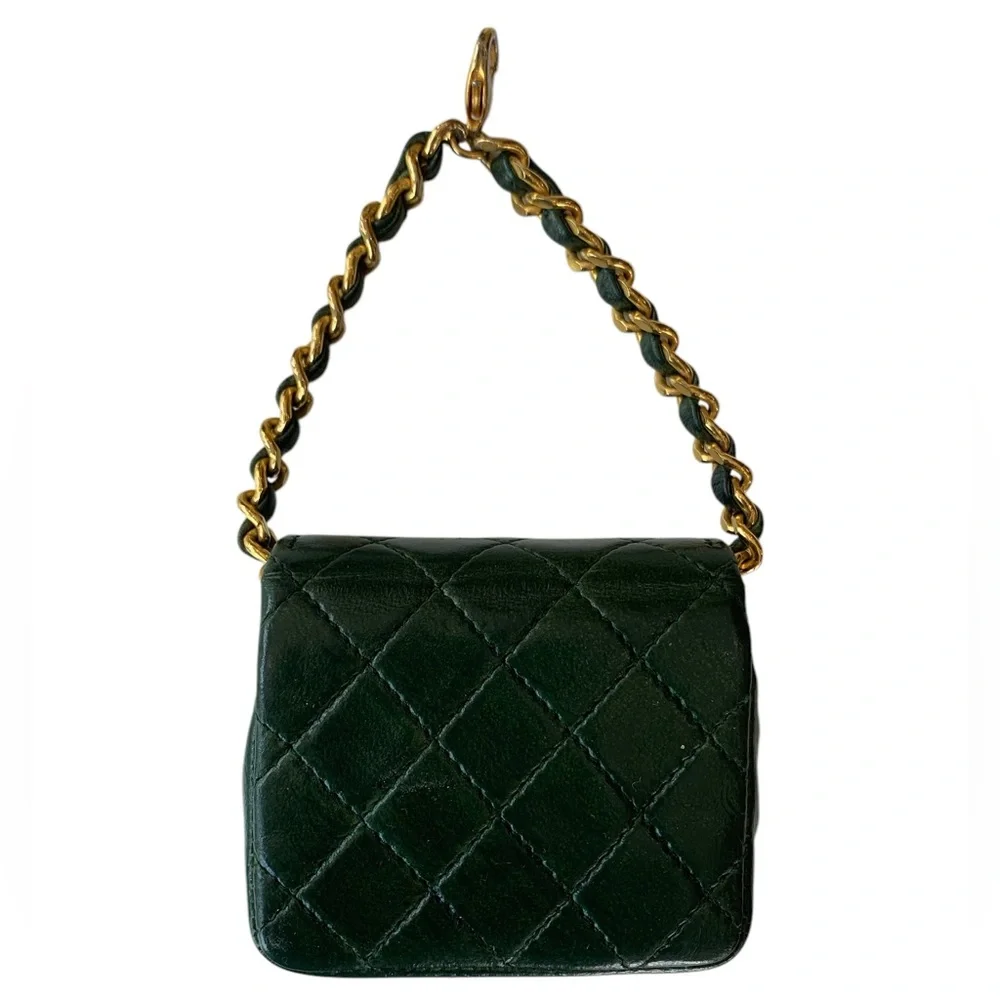 CHANEL Green Quilted Mini Bag with Gold Chain
